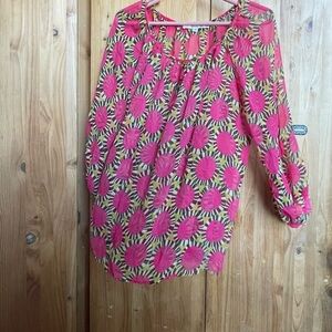 ERICA TANOV Patricia Blouse Ethereal Pink Polka Dot Geo Silk Chiffon Top Shirt L